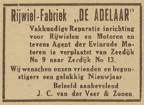717040 Advertentie van J.C. van der Veer & Zonen, fietsenfabriek De Adelaar, die verhuist van Zeedijk 9 naar Zeedijk 13 ...